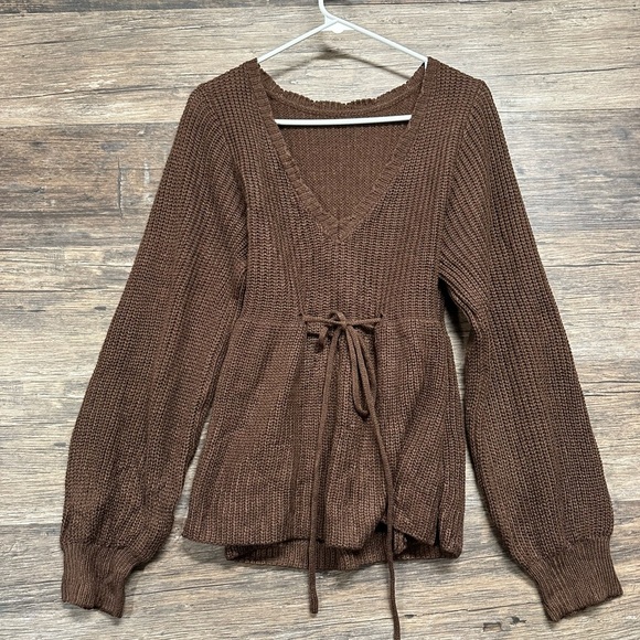 Warm Brown V-Neck Sweater with Drawstring Waist and Long Sleeves - Picture 1 of 4